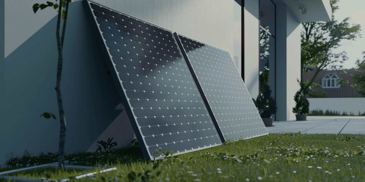 Zwei Solarmodule sind mit Hilfe von Halterungen schräg an einer Wand montiert worden.