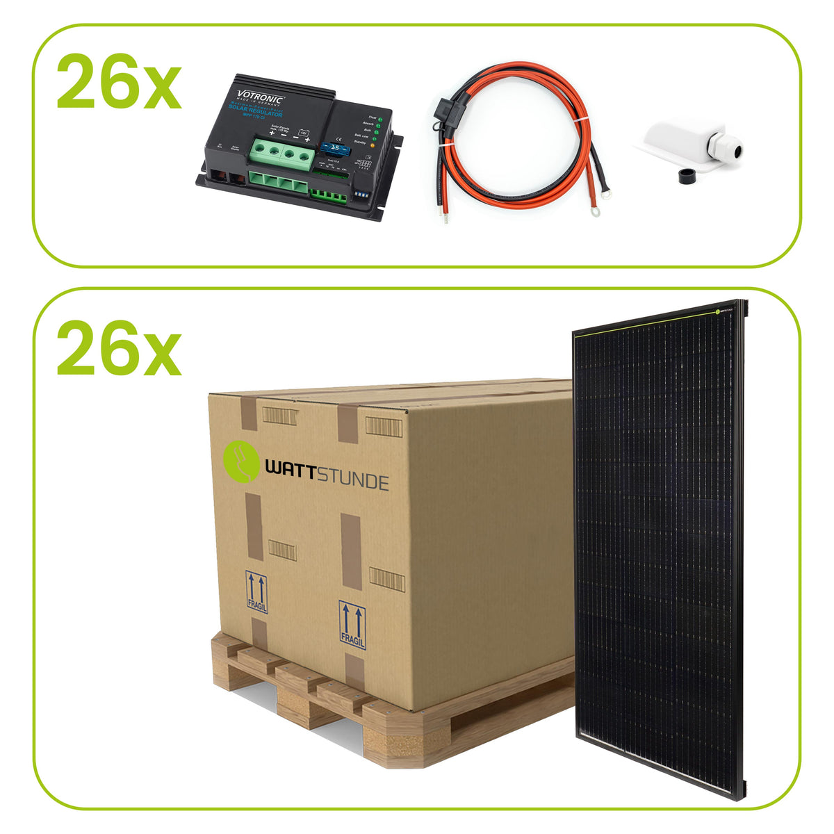 WATTSTUNDE® SOLA Frame Mono+S 26 x 120Wp BUNDLE Single mit Votronic MPP 170 CI